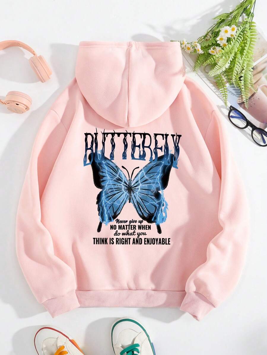 SHEIN EZwear Slogan & Butterfly Print Kangaroo Pocket Drawstring Thermal Hoodie - Baby Pink - View 1