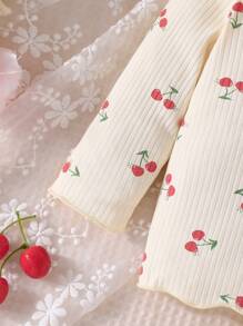 女嬰櫻桃圖案荷葉邊T恤和緊身褲 - 杏色 - 查看 3