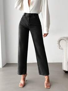 RueChic High Waist Straight Leg Jeans - Black - View 5