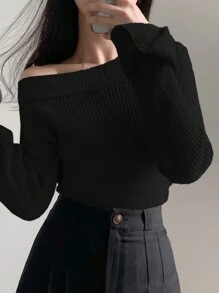 DAZY Suéter de punto acanalado de manga raglán hombros descubiertos para otoño - Negro - Ver 5