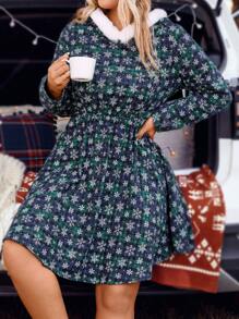 SHEIN Clasi Plus Plaid & Snowflake Print Hooded Dress - Green - View 6