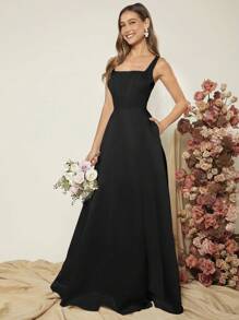 SHEIN Belle 素色超長吊帶正式洋裝 - 黑色 - 查看 1