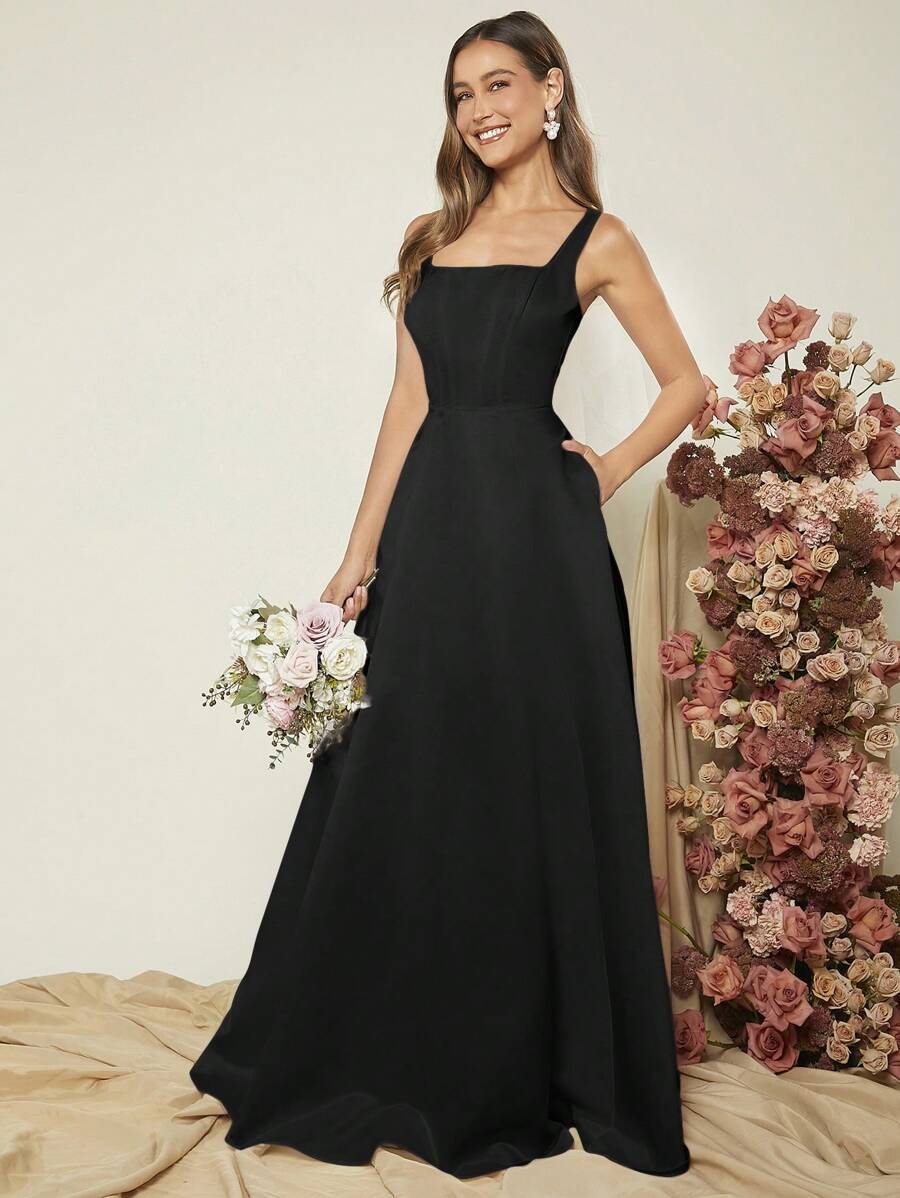 SHEIN Belle 素色超長吊帶正式洋裝 - 黑色 - 查看 1