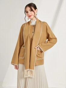 Modelyn Contrast Binding Dual Pocket Tassel Trim Button Front Coat - Khaki - View 1