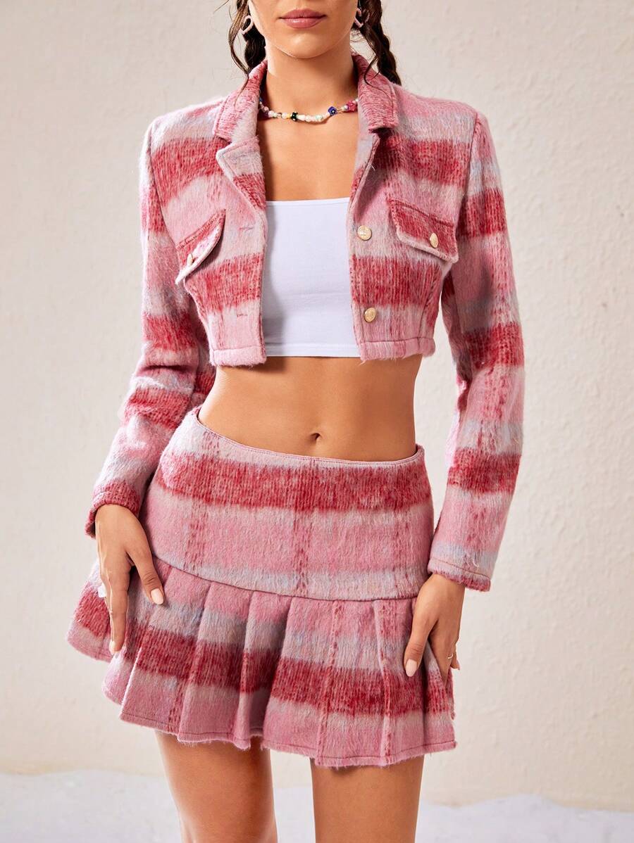 SHEIN EZwear In kẻ sọc Crop Blazer & Chân Váy xếp ly - Hồng - Xem 1