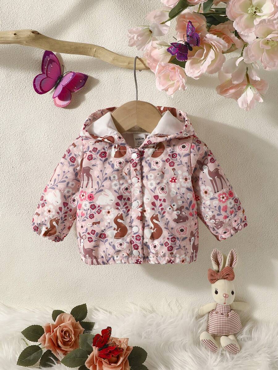 SHEIN Đứa bé gái In hoa áo có mũ Áo khoác - Nhiều màu - Xem 1