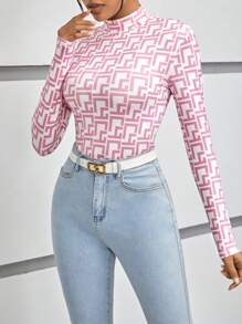 SHEIN Privé 幾何印花小高領T恤 - 粉色 - 查看 5