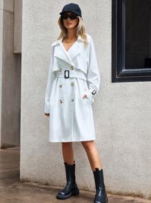 SHEIN Essnce Double Breasted Belted Trench Coat - White - View 5