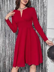 SHEIN Clasi Notched Neckline A-line Dress - Red - View 4