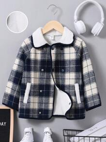 SHEIN Chico joven Abrigo con estampado de cuadros cuello de borreguito con forro teddy