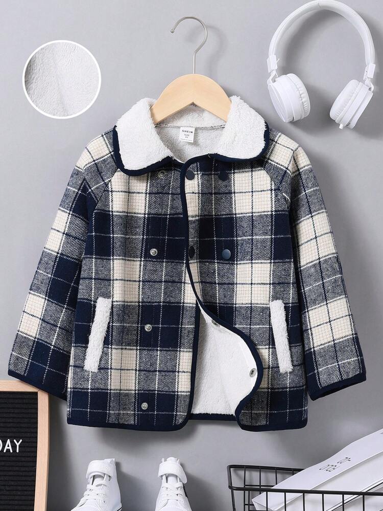 Young Boy Plaid Print Borg Collar Teddy Lined Overcoat