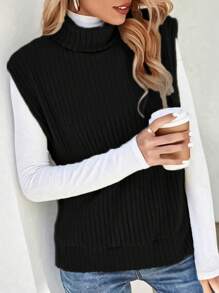 SHEIN LUNE 1 Miếng Áo cao cổ Viền chia cắt Áo ba lỗ - màu đen - Xem 4