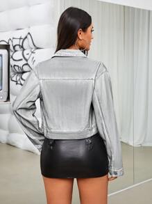 SHEIN ICON 翻蓋細節落肩袖牛仔夾克 - 黑與白 - 查看 2