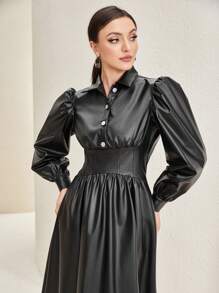 Mulvari 燈籠袖PU皮革襯衫洋裝 - 黑色 - 查看 2