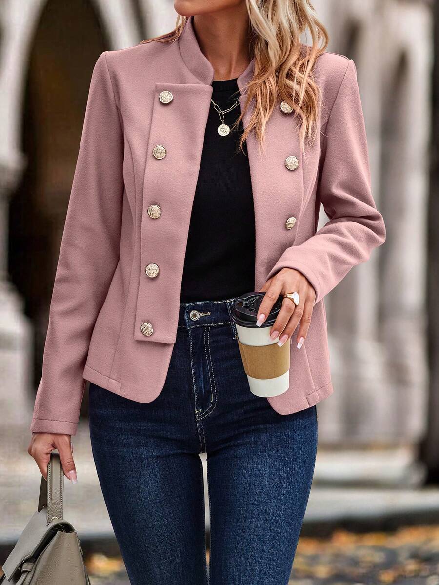 SHEIN Clasi Solid Button Detail Open Front Jacket - Dusty Pink - View 1