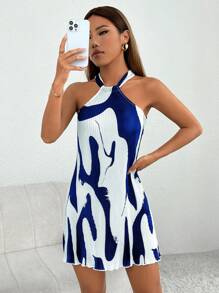 SHEIN PETITE Graphic Print Halter Neck Dress - Blue - View 1