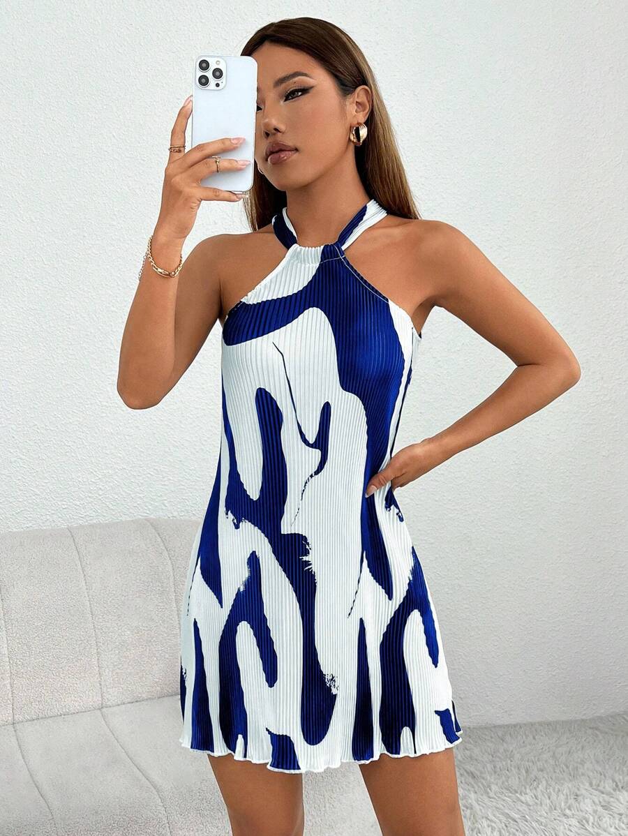 SHEIN PETITE Graphic Print Halter Neck Dress - Blue - View 1
