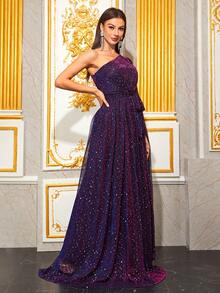 YISIKADO One Shoulder Draped Side Belted Sequin Prom Dress - Purple - View 5
