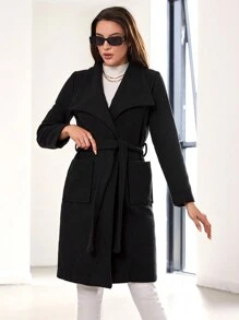 EURMUSE Waterfall Collar Dual Pocket Belted Overcoat - Black - View 3