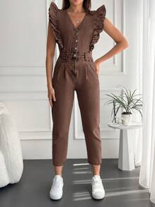 EURMUSE Women's Denim Overalls With Ruffle Hem Design - Brown - View 4