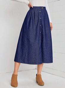 EMERY ROSE Button Front Denim Skirt - Dark Wash - View 4