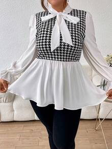 SHEIN Privé Hơn In Houndstooth tay áo lá sen Cà vạt Áo Peplum - Đen và trắng - Xem 3