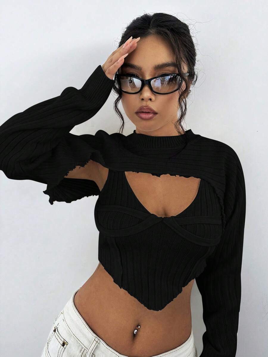 SHEIN Unity Chất rắn Áo thun dệt kim Cami & Siêu crop Áo len - màu đen - Xem 1