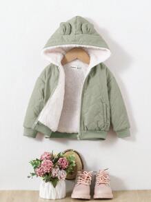 SHEIN 女嬰3D耳朵設計毛絨內襯連帽夾克 - 綠色 - 查看 1