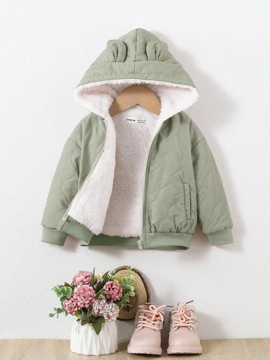 SHEIN 女嬰3D耳朵設計毛絨內襯連帽夾克 - 綠色 - 查看 1