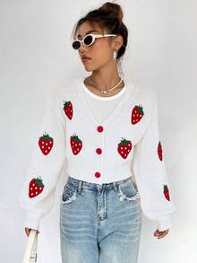 SHEIN Qutie Thêu dâu tây Thả vai Áo len Mở - Nhiều màu - Xem 5