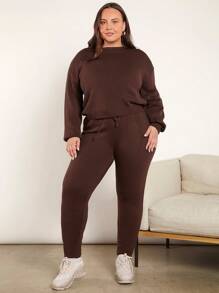 SHEIN BASICS Talla grande Jersey de hombros caídos & Pantalones de cintura con cordón tejido - Café integral - Ver 5