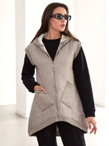 SHEIN Cottnline Slant Pockets Hooded Vest Onion Quilted Coat - Beige - View 4