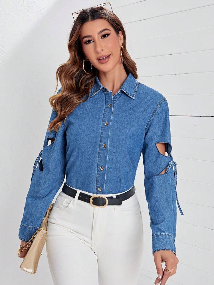 Cut Out Knot Detail Denim Top Fall Cloth For Women