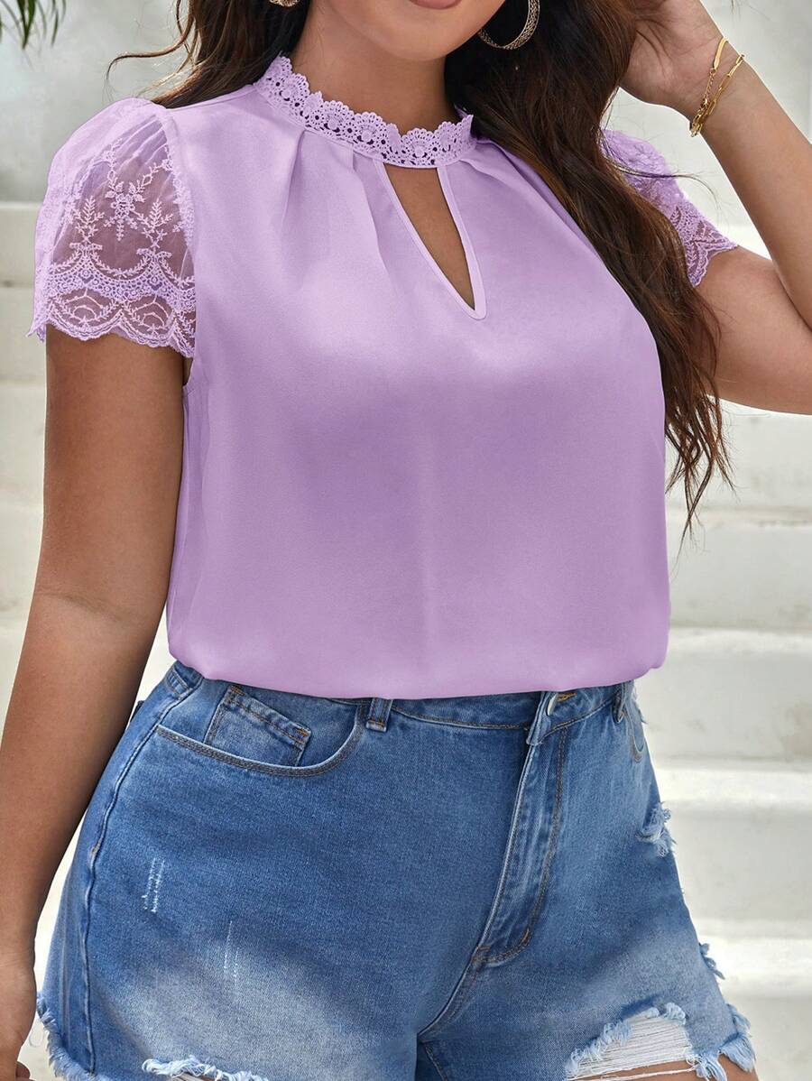 SHEIN Privé Plus Keyhole Neckline Contrast Lace Sleeve Blouse