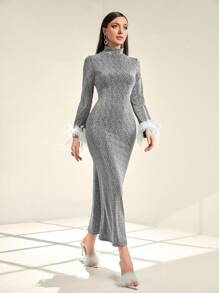 Modelyn Fuzzy Cuff Mock Neck Glitter Dress - Silver - View 5