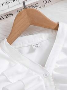SHEIN 女大童荷葉邊喇叭袖襯衫 - 白色 - 查看 4