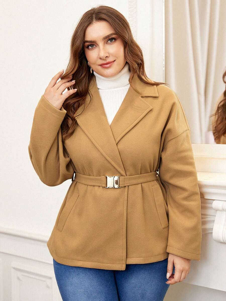 EMERY ROSE 大碼西裝領落肩袖腰帶花呢外套 - 駝色 - 查看 1