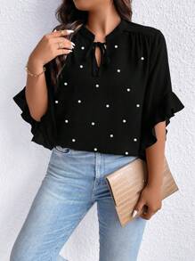 Rometta Plus Pearls Beaded Tie Neck Flounce Sleeve Blouse - Black - View 3