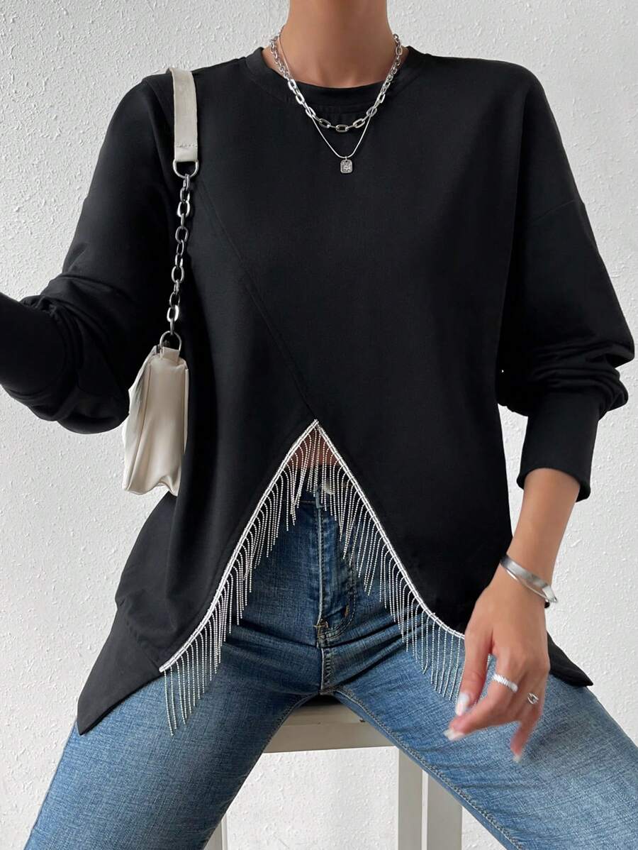 Chiquease Fringe Trim Drop Shoulder Asymmetrical Hem Sweatshirt - Black - View 1