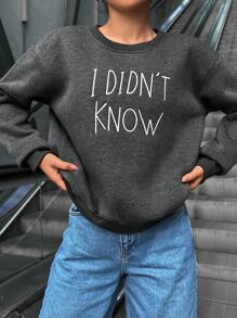 EURMUSE 女用字母刺繡圓領落肩運動衫 - 深灰色 - 查看 1