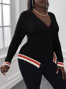 Slaydiva Plus Striped Trim Crossover Sweater