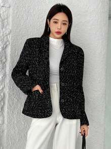 SHEINNeu Allover Print Button Front Tweed Jacket - Black - View 1