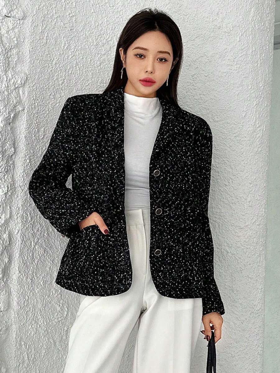 SHEINNeu Allover Print Button Front Tweed Jacket - Black - View 1