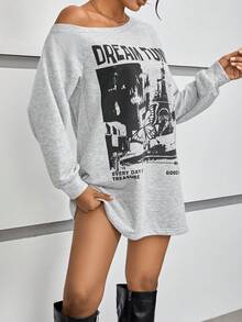 SHEIN Essnce Building & Slogan Graphic Asymmetrical Neck Drop Shoulder Sweatshirt Dress - Light Grey - View 5