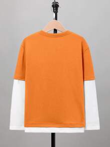 SHEIN Tween Boy Casual Fashion Street Letter Patch Long Sleeve 2 In 1 Knit T-Shirt, Spring/Autumn, Orange Shirt, Orange And White Boy Shirts, Long Sleeve For Autumn, Orange,Winter,Fall,Fall - Orange - View 2