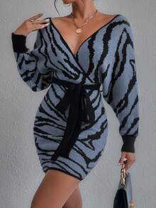 SHEIN Privé Mô hình sọc ngựa vằn tay cánh Bọc Thắt lưng Đầm Áo len - Màu xanh lam - Xem 3