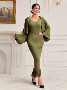 Modelyn Fringe Hem Lantern Sleeve Cardigan & Sweater Dress 2 Piece Set - Army Green - View 4