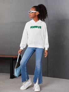 Tween Girl Letter Flocking Drop Shoulder Hoodie - White - View 6