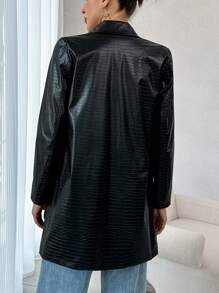SHEIN Essnce 鱷魚壓紋單排釦PU皮革外套 - 黑色 - 查看 2