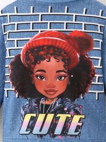 SHEIN Young Girl Letter & Figure Graphic Thermal Lined Jacket - Blue - View 3